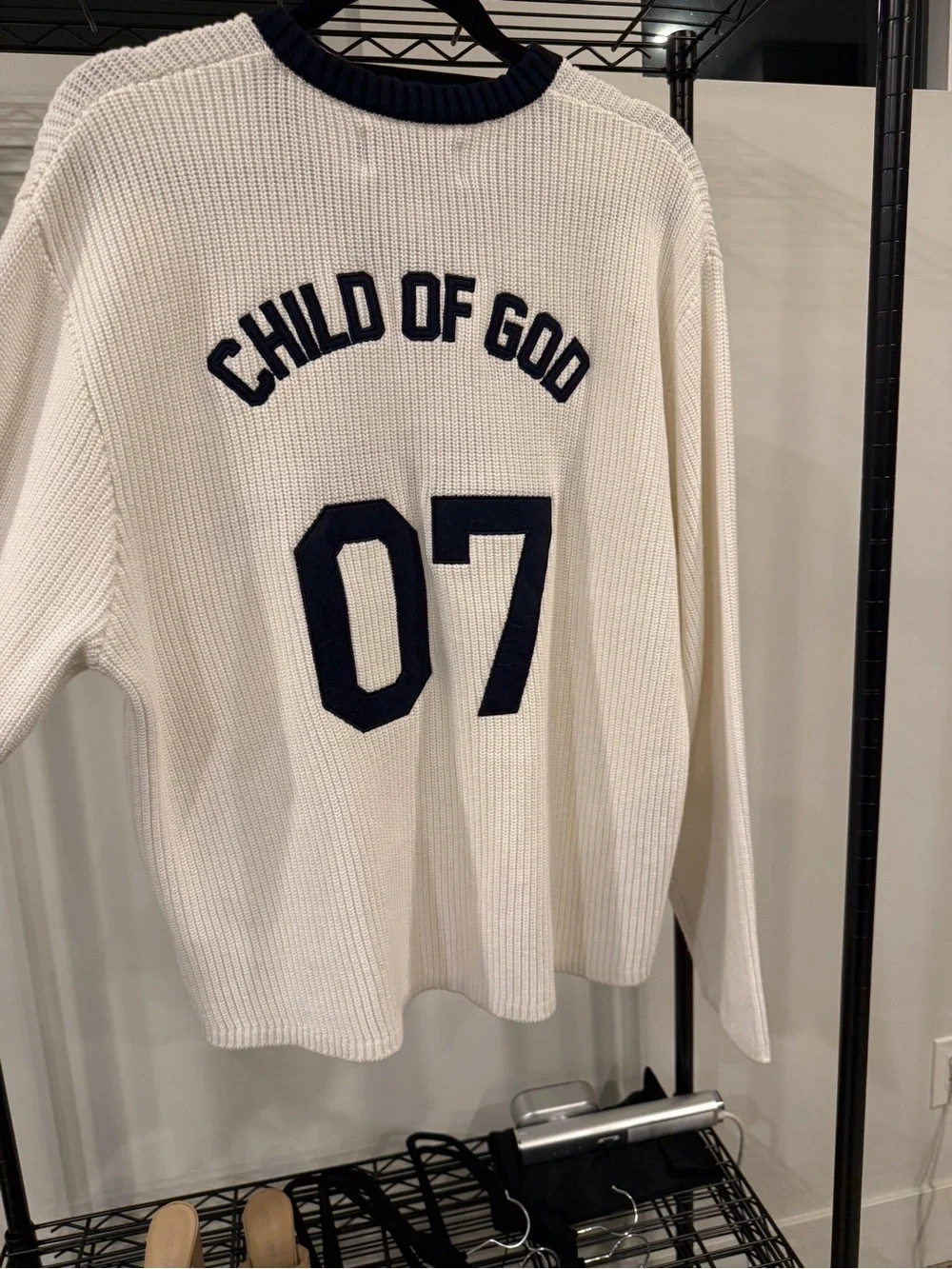 Fear of God Women's Cream V-Neck Sweater with Navy Trim